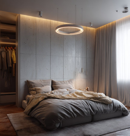A modern bedroom interior is showcased, featuring a bed, ambient lighting, and neutral-toned curtains. The composition utilizes a variety of textures and a soft color palette. This image is suitable for use in design, architecture, or lifestyle content related to home decor and interior styling.の素材