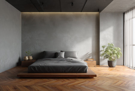 A contemporary bedroom scene featuring a bed, plant, and wooden accents. The room showcases a minimalist design with neutral colors and ambient lighting. The composition emphasizes clean lines and a sense of calm. Suitable for interior design projects, lifestyle editorials, and marketing materials.の素材
