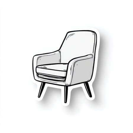 This illustration depicts a contemporary armchair in a minimalist style, outlined in black with shades of gray. The image showcases the chair against a clean white background. It features a straightforward composition with a focus on simplicity, suitable for various design projects and commercial applications.の素材