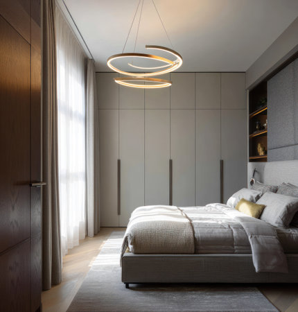 This interior showcases a modern bedroom design, featuring a large bed and minimalist furniture. The color palette emphasizes neutral tones like gray and white. Soft light illuminates the scene, highlighting textures and shapes. Suitable for commercial projects or editorial content focused on home decor and design.の素材