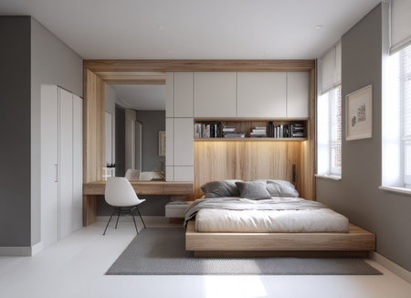 This interior showcases a modern bedroom with a bed, desk, and various decorative elements. The scene features a neutral color palette, incorporating wood and white tones, soft lighting, and a minimalist design. Suitable for architectural visualization or interior design projects, it presents a tranquil atmosphere.の素材