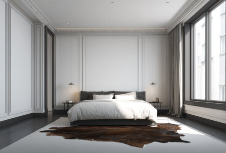 This interior scene presents a bedroom featuring a bed with white linens and a fur rug. The room has large windows that provide natural light. The color palette emphasizes white and neutral tones. The composition of the image offers a sense of space and tranquility, suitable for various design and lifestyle publications.の素材