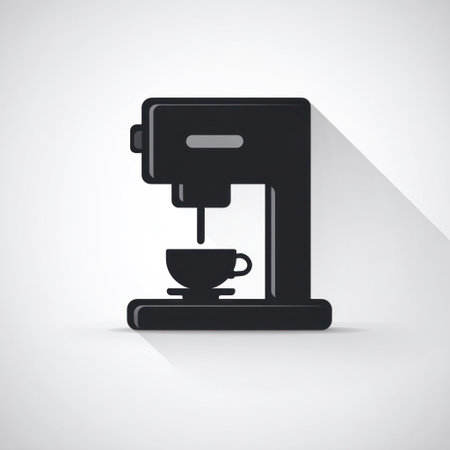 A flat illustration depicts a coffee maker with a cup beneath, rendered in a solid dark color. The composition features a long shadow cast on a pale background. The image, devoid of unnecessary detail, suggests themes of beverage preparation and design, potentially suitable for various commercial purposes.の素材