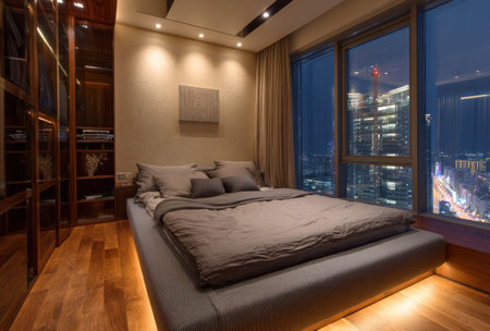 A modern bedroom showcases a large bed with neutral bedding, complemented by a large window providing cityscape views. The warm interior lighting and wooden floor create a comfortable atmosphere. This image is suitable for various commercial uses, including advertisements, or content creation.の素材