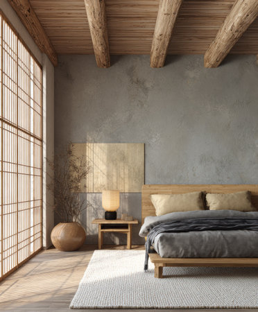 A tranquil bedroom interior showcases a wooden bed, soft bedding, and natural light streaming through a large window. The space utilizes a neutral color palette with textures from the wood, rug, and wall. This image is suitable for various commercial uses, including interior design and lifestyle concepts.の素材