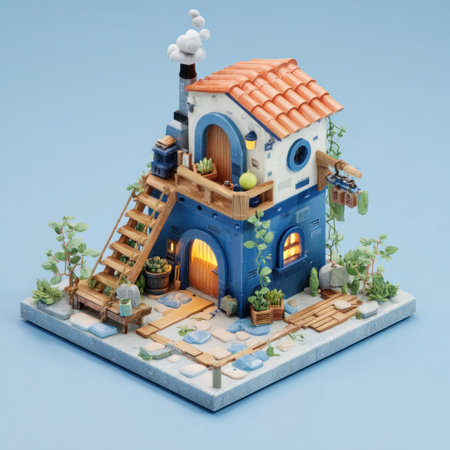 This image showcases a meticulously crafted miniature house. The model features a vibrant blue exterior complemented by an orange tiled roof. The composition utilizes soft lighting to highlight the textures and details. This stylized rendering evokes a sense of charm and could be suitable for various commercial projects and creative applications.の素材