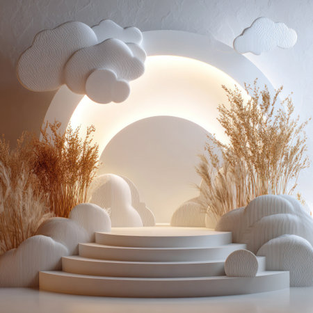 This image presents a minimalist stage design featuring a circular backdrop illuminated with warm light. White clouds and steps create depth, complemented by dried plants on each side. The neutral color palette and soft lighting suggest a studio environment, potentially suitable for advertising, product showcases, or conceptual presentations.の素材