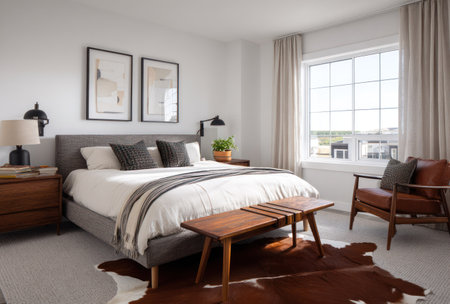 A well-lit bedroom showcases minimalist design with a focus on natural light. The space includes a bed with pillows, a wooden bench, a leather armchair, and artwork. Neutral colors create a sense of calm, suitable for interior design projects and editorial content. The composition of the room suggests comfort and relaxation.の素材