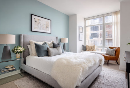 A contemporary bedroom displays a bed with pillows, fur blanket, and a decorative artwork. Light blue walls and a large window create a bright atmosphere. An armchair, a side table with lamps, and books complete the cozy interior. Suitable for commercial projects.の素材