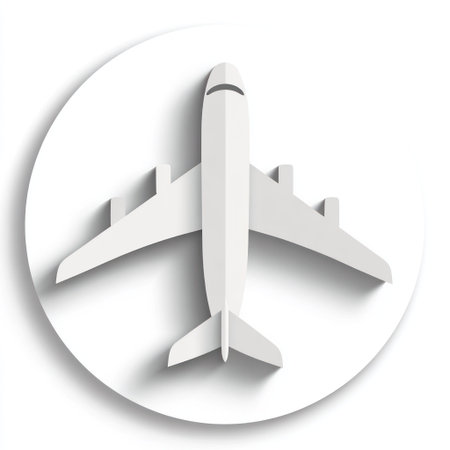 A flat, two-dimensional illustration features a white airplane icon centered on a white circle. The image employs a clean, minimalist style. This design could be utilized in various projects for aviation, travel, or transportation themes and would be well-suited for both commercial and editorial contexts.の素材