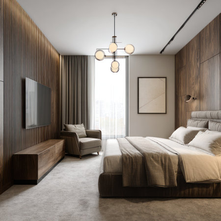 A contemporary bedroom presents a well-appointed space, featuring a bed, chair, and television set against a backdrop of wooden walls. Warm lighting accents the room. This composition is suitable for architectural visualization, interior design projects, and lifestyle publications, offering versatile visual content.の素材