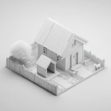 A miniature, all-white house model sits on a square base, surrounded by a fence. The model showcases a traditional design with a pitched roof, windows, and a small shed. The lighting is bright and even, creating a clean aesthetic. This image is suitable for architectural concepts, design, and illustration purposes.の素材