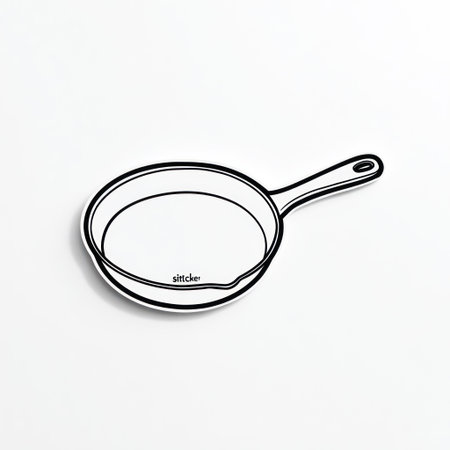 A simple line drawing depicts a skillet isolated against a clean white backdrop. The black and white style and overhead perspective create a minimalist and modern aesthetic. This versatile illustration could be suitable for various design projects, including web graphics, print materials, or educational content.の素材