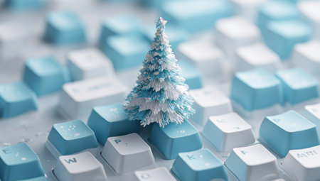 A close-up shot features a small Christmas tree resting on a keyboard. The tree is white and light blue, set against light blue and white keys. The composition has a shallow depth of field. This image suits various commercial uses needing winter, holiday, and technology themes.の素材