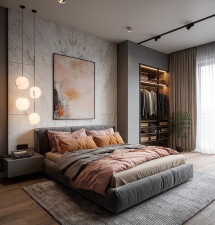 An interior shot features a modern bedroom with a large bed, abstract art, and a wardrobe. The color palette includes gray, white, and earth tones, suggesting a neutral and relaxing atmosphere. The scene is well-lit, possibly by a combination of natural and artificial lighting. This image could be used for architectural visualization or lifestyle content.の素材