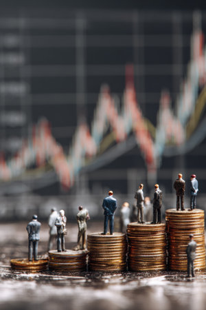 Miniature business figures stand atop stacks of coins, set against a blurred background of a rising financial graph. The image uses warm tones with subtle textures, suggesting economic concepts and growth. The composition offers a symbolic representation suitable for various business and financial publications and promotional material.の素材