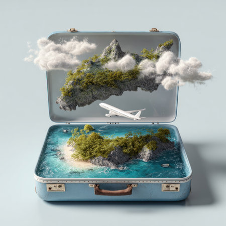 An open suitcase reveals a miniature island scene with an airplane model. The visual features lush green vegetation, blue water, and fluffy white clouds. The lighting is soft, suggesting a daytime setting. This creative imagery could be suitable for travel, vacation, or tourism-related concepts.の素材