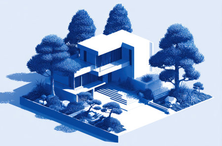A digitally rendered architectural illustration depicts a modern house surrounded by manicured landscaping, including trees and shrubs. The image showcases an isometric perspective with a limited blue color palette. The composition features clean lines and shadows, suggesting a bright day. Suitable for architectural design, real estate, and graphic design projects.の素材