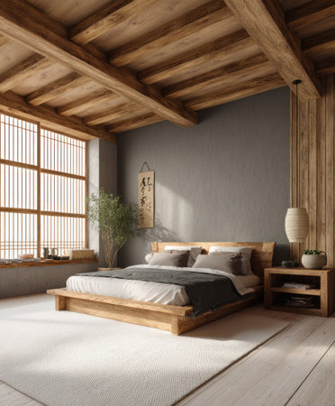 A modern bedroom features a large wooden bed frame with bedding and pillows, complemented by a wooden nightstand and elements of natural light. The scene's composition includes a large window, suggesting an indoor setting. The image is suitable for various commercial uses, including interior design and lifestyle publications.の素材
