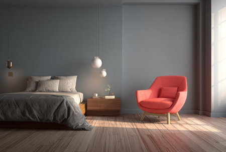 A contemporary bedroom scene features a vibrant red armchair contrasted against muted gray walls. The composition includes a bed, bedside table, and ambient lighting, with natural light streaming in. The image is suitable for illustrating concepts related to home decor and interior design for various commercial applications.の素材