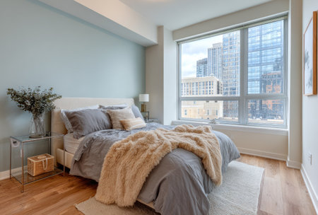A modern bedroom features a bed with comfortable bedding and a fur blanket. A large window offers a view of tall buildings. The room is illuminated by soft light, complemented by wood flooring. This image could be used for lifestyle, home decor, or interior design purposes.の素材