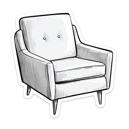 An isolated image presents a minimalist white armchair against a clean white backdrop. The illustration uses a black and white sketch style with clear outlines. It may be suited for applications in design, decoration, or visual advertising, providing a clean aesthetic.の素材