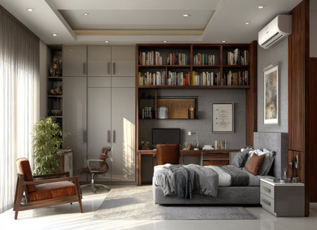 This interior showcases a contemporary bedroom design with a bed, a study table, and integrated bookshelves. The scene features a neutral color palette, natural light, and a variety of textures. It may be suitable for architectural visualizations, lifestyle content, or as an illustrative element for design-related themes.の素材