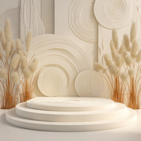 A minimalist product stage displays a circular platform and background textures. The composition uses neutral colors with highlights adding depth. The scene is lit with diffused light and features decorative elements. This design could be used for product showcasing or design concept presentations, suitable for commercial projects.の素材