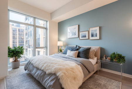 This image features a modern bedroom with a bed, decorative pillows, and framed wall art. The room has neutral tones with a blue accent wall and large windows. The scene suggests a bright interior space, with potential applications for lifestyle, interior design, and home decor promotions.の素材