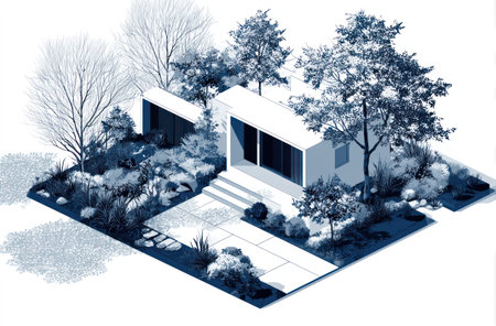 An architectural illustration presents a contemporary house amidst lush landscaping. The scene is defined by monochromatic tones, featuring clean lines and geometric shapes. The illustration evokes a sense of tranquility and space, ideal for conceptual design projects. The image could be used for promoting real estate or illustrating environmental concepts.の素材