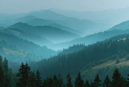 An aerial view presents a scenic mountain range enveloped in a soft, blue-green haze. The composition features layers of forested hillsides, with varying shades creating depth. Sunlight filters through the mist, enhancing the tranquil atmosphere. This image is suitable for environmental, travel, or nature-themed projects.の素材