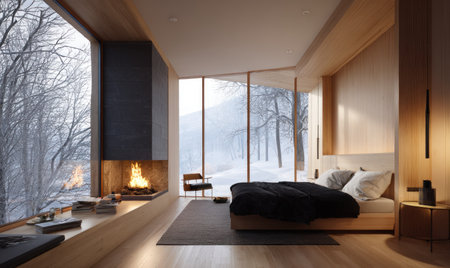 A contemporary bedroom scene showcases a minimalist design with a prominent fireplace and expansive windows. The interior features warm wood tones, a comfortable bed with soft bedding, and a simple seating arrangement. Outside, a snowy forest creates a serene backdrop, suggesting a peaceful environment suitable for various commercial uses.の素材