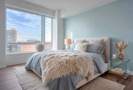 This image showcases a modern bedroom interior featuring a large window with city views. Soft, natural light illuminates the space, highlighting the textures of the bed linens and decor. The composition features a neutral color palette with hints of blue, offering a serene atmosphere suitable for various commercial or editorial uses.の素材