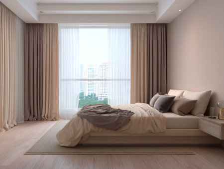 This interior photograph presents a bedroom scene, featuring a bed with soft bedding, curtains, and a large window overlooking a cityscape. The color palette emphasizes neutral tones, creating a calm and inviting atmosphere. Suitable for use in design, home decor, or lifestyle related visual content.の素材