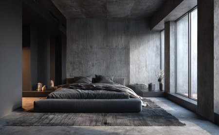 A contemporary bedroom showcases a gray bed with soft textiles, positioned on a textured rug. The room's palette is dominated by dark grays and blacks, with a large window admitting natural light. This architectural interior could be used for lifestyle, design, or commercial purposes, highlighting modern aesthetics.の素材