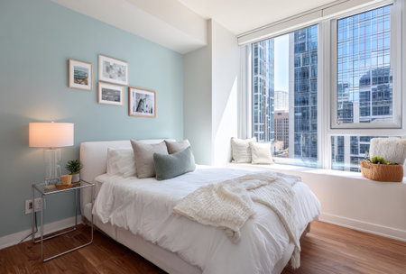 A well-lit bedroom features a bed with white linens and decorative pillows. The room has a soft color palette and a large window offering a view of city buildings. The composition showcases a modern aesthetic, suitable for interior design projects or commercial applications. Warm lighting from a table lamp complements the natural daylight.の素材