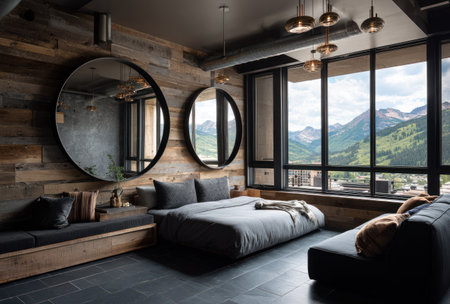 This interior showcases a contemporary bedroom setting, featuring a bed and a seating area. The scene includes large round mirrors and a panoramic window framing a mountain vista. The design emphasizes natural materials with wood paneling. This image is suitable for various commercial uses, including architectural, lifestyle, and design projects.の素材