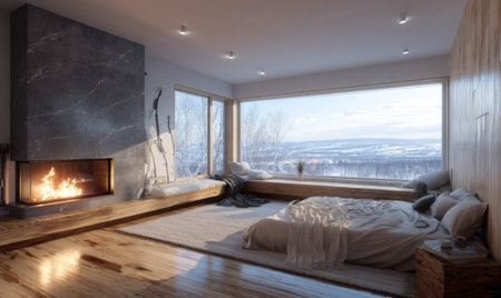 This interior depicts a contemporary bedroom featuring a cozy fireplace and a large window overlooking a snowy landscape. The scene showcases natural wood elements, soft lighting, and a neutral color palette. This image could be suitable for architectural visualization, interior design projects, or lifestyle content.の素材