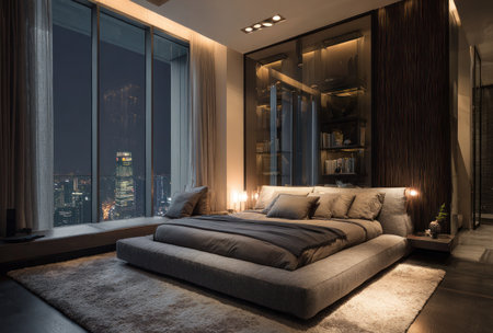 This interior showcases a contemporary bedroom design featuring a large bed and expansive windows offering a nighttime cityscape panorama. The space employs a muted color palette with soft lighting, creating a relaxing atmosphere. This setting has potential use in architectural visualizations or editorial content related to home design and lifestyle.の素材