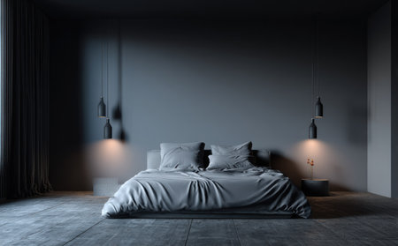 This image showcases a modern bedroom interior featuring a minimalist design. The composition highlights a bed with soft bedding and pillows, with ambient lighting illuminating the scene. The room utilizes a monochromatic color palette, creating a serene environment. This image could be suitable for use in interior design publications or commercial applications.の素材