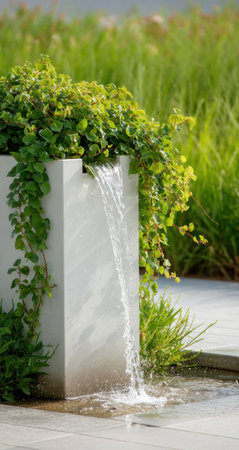 A contemporary fountain features cascading water over a geometric concrete structure. Vibrant green plants and cascading vines add a natural element. The scene is bathed in daylight, with soft lighting enhancing the textures. This image may be suitable for architectural, environmental, or decorative applications.の素材