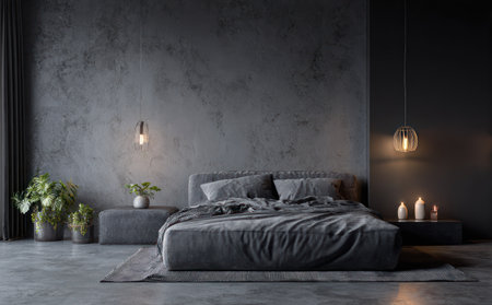 A contemporary bedroom scene presents a gray bed as the focal point. The composition features a textured, dark gray wall and matching bedding. Decorative plants, candles, and pendant lights contribute to the moody atmosphere. This image suits various commercial uses, including lifestyle and design contexts.の素材