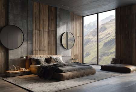 A contemporary bedroom showcases a bed with dark linens, set against a backdrop of wooden panels and concrete walls. The room features large windows that frame a scenic mountain view, with soft natural light illuminating the space. This interior design concept is suitable for advertising, architectural visualization or lifestyle content.の素材