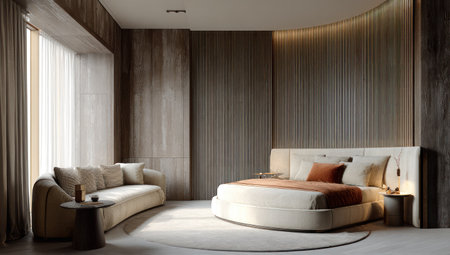 A contemporary bedroom scene showcases a bed and sofa under soft lighting. The neutral color palette includes various shades of brown and white. The composition features a large window with sheer curtains. Suitable for use in lifestyle or interior design publications and commercial projects.の素材