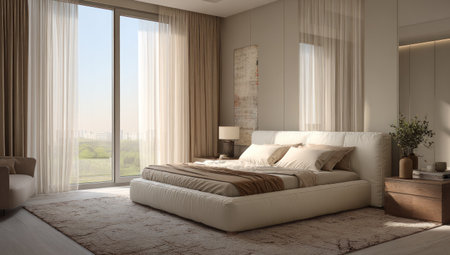 This interior showcases a contemporary bedroom design, featuring a large bed and soft furnishings. The room is bathed in natural daylight from expansive windows, complemented by sheer curtains. The composition emphasizes clean lines and neutral colors, creating a serene environment. Suitable for commercial projects or editorial use related to home decor.の素材