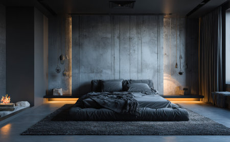 A modern bedroom interior features a low bed covered with a gray blanket and pillows. The scene includes a textured concrete wall, ambient lighting, and dark, muted tones creating a contemporary and peaceful atmosphere. Suitable for use in lifestyle or architectural design projects, illustrating modern home aesthetics.の素材
