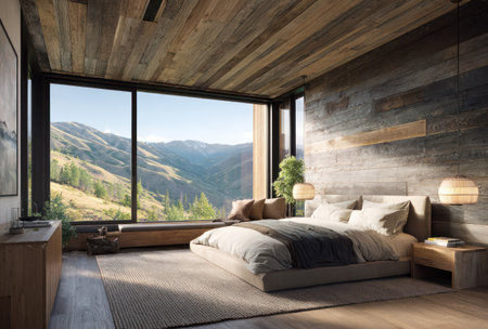 A spacious bedroom features a large window framing a scenic mountain view. The room showcases natural textures with wood paneling and a neutral color palette. Soft lighting creates a warm ambiance. This image is suitable for illustrating interior design, real estate, and lifestyle content.の素材