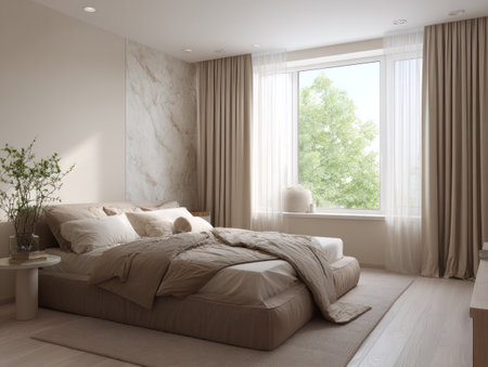 A contemporary bedroom showcases a large bed and window with curtains, bathing the room in natural light. Soft, neutral colors like beige and white dominate the scene, highlighting the textures of textiles. The composition suggests a serene atmosphere suitable for various interior design projects or lifestyle publications.の素材