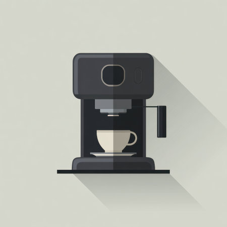 This image presents a simplified illustration of a coffee machine with a cup. The flat design incorporates shades of gray and black, creating a minimalist aesthetic. A subtle shadow adds depth. Suitable for various design projects, this graphic could be used in advertising or informative materials.の素材