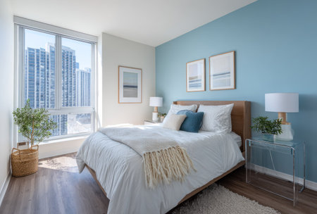 A well-lit bedroom interior showcases a comfortable bed with soft linens and decorative pillows. The room features a soothing color palette with blue accent walls and a large window offering a cityscape view. The style is contemporary with clean lines and minimalist decor, suitable for various interior design concepts and commercial applications.の素材
